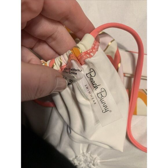 Beach Bunny Pink White Orange Delphin 60’s Dee Tri Top Swim Large - Picture 7 of 7